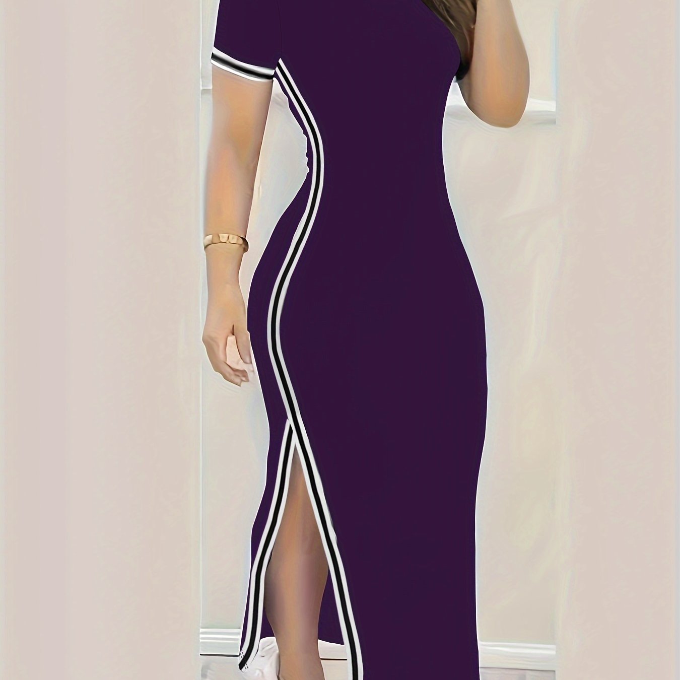 Contrast Trim Split Hem Bodycon Dress, Short Sleeve Crew Neck Casual Dress, Women's Clothing For Party Dressing