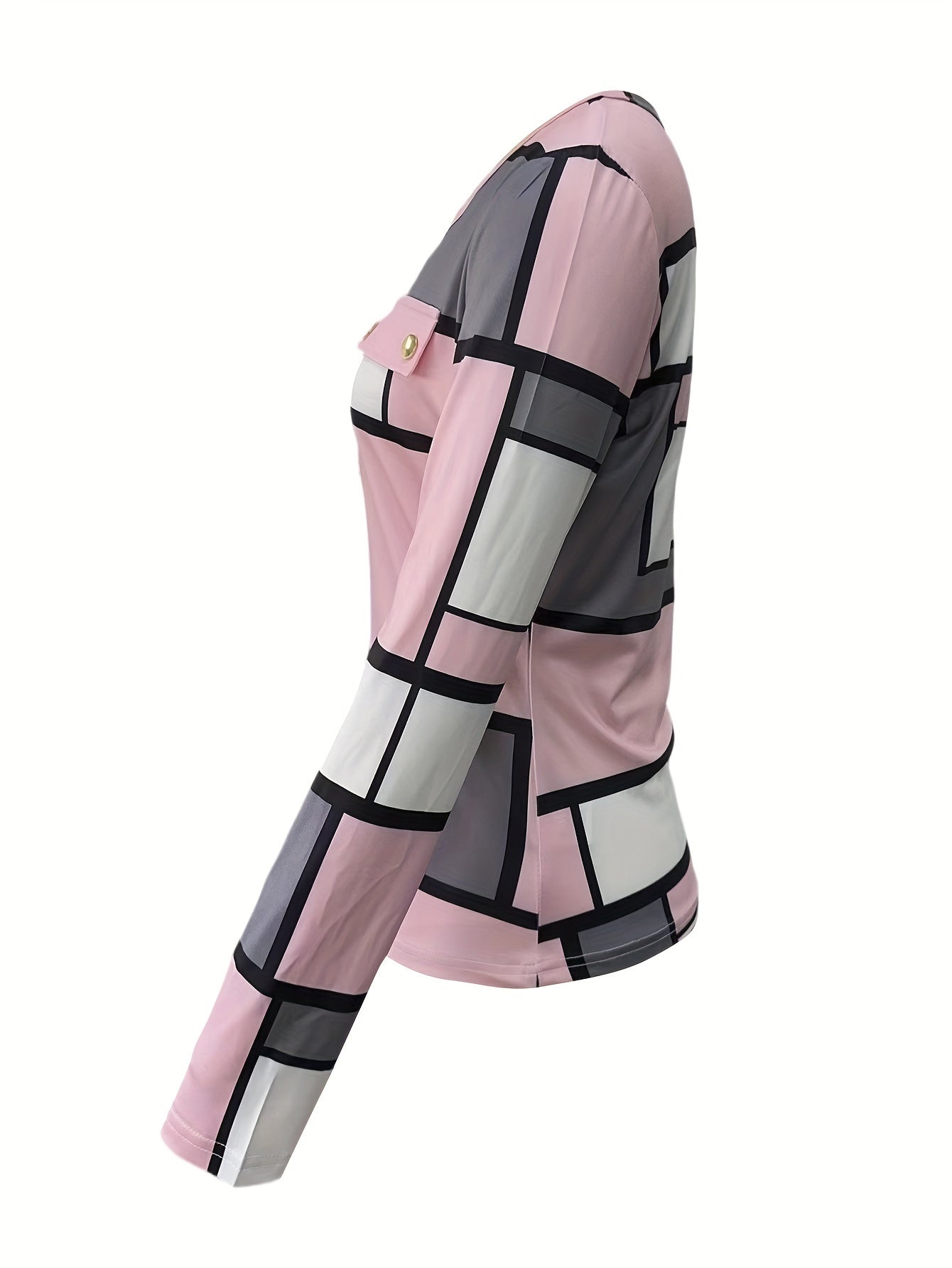 Elegant Women's Geometric Pattern T-Shirt - Pink & Gray, Zip Front with Decorative Buttons, Long Sleeve, Stretchy Polyester Blend, Machine Washable - Chic Top for Spring/Fall