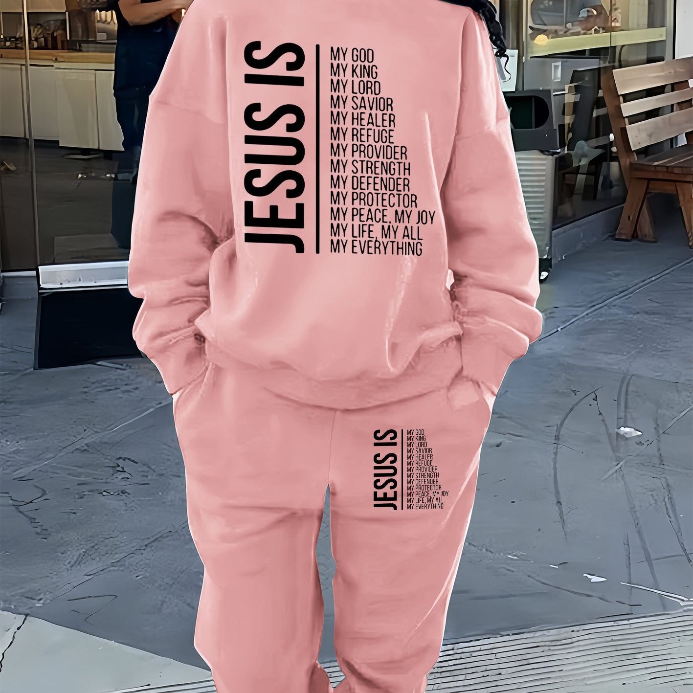 Cozy Fleece-Lined Women's Casual Letter Print Sweatshirt & Joggers Set - Machine Washable, All-Season Comfort