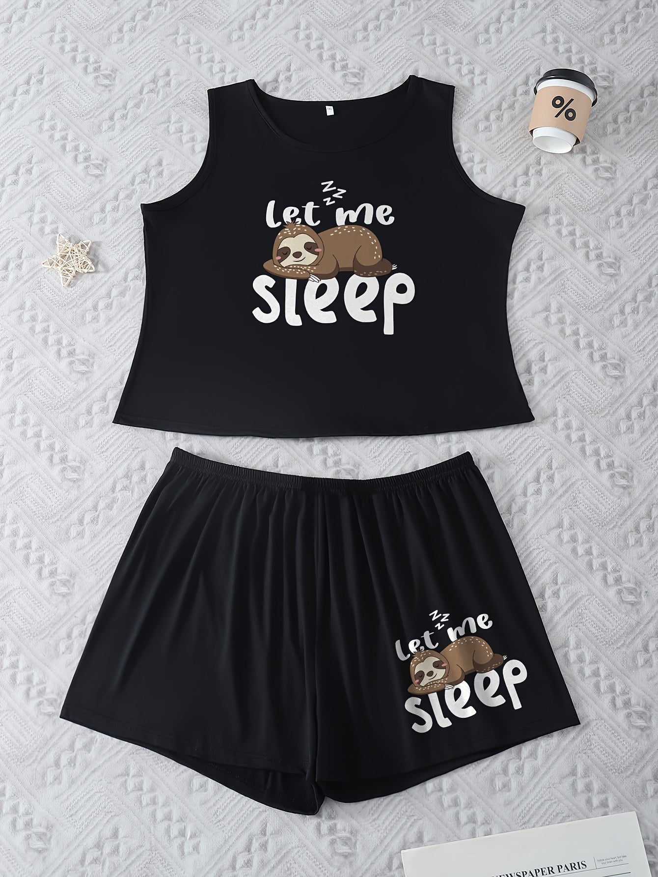 Plus Size Women'S Fashion Casual Comfortable Wearable Loungewear Pajama Set with Simple Let Me Sleep Cartoon Sloth Print Round Neck Tank Top & Shorts 2pcs Plus Size Pajamas