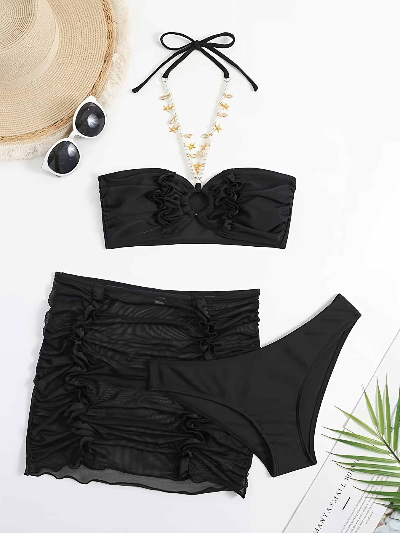 Sexy Chain Strapless Top with Pleats and Ruffles Three-piece Swimsuit Bikini