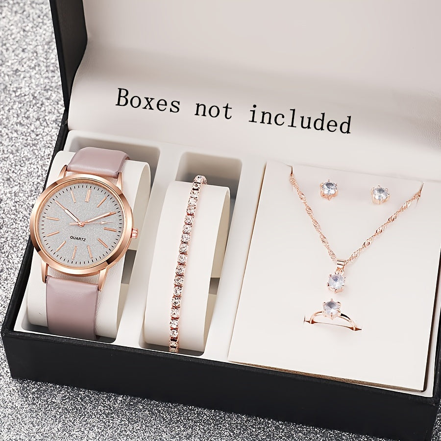 6pcs Elegant Women'S Quartz Watch and Jewelry Set - Round Analog Display, Faux Leather Band, Zinc Alloy Case, Non, Includes Bracelet, Necklace, Earrings, Ring - Perfect Gift for Her Mother
