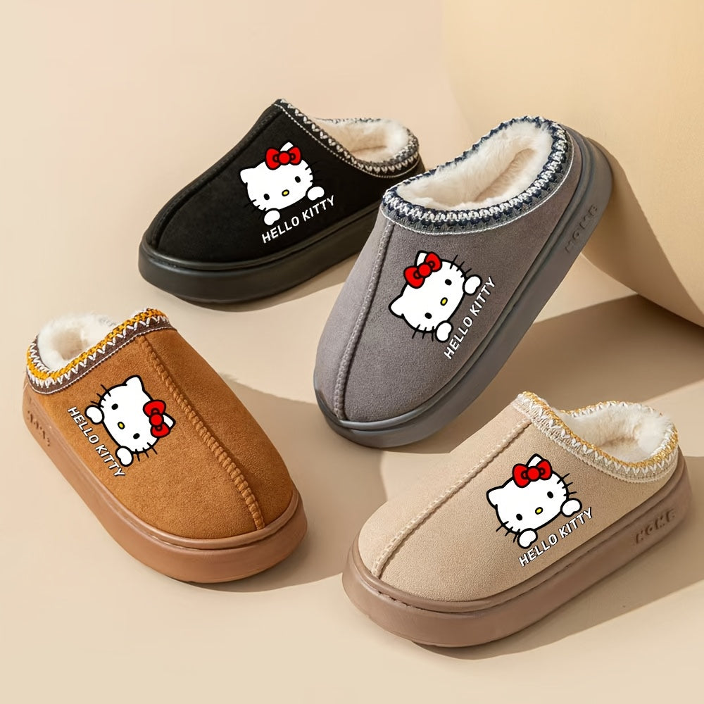 Sanrio Hello Kitty Plush Lined Slippers for Women - Cozy Thermal Winter Home Shoes with Thick Non-Slip EVA Sole, Brown Cover Upper with Decorative Stitching, Hand Wash or Dry Clean, House Slippers