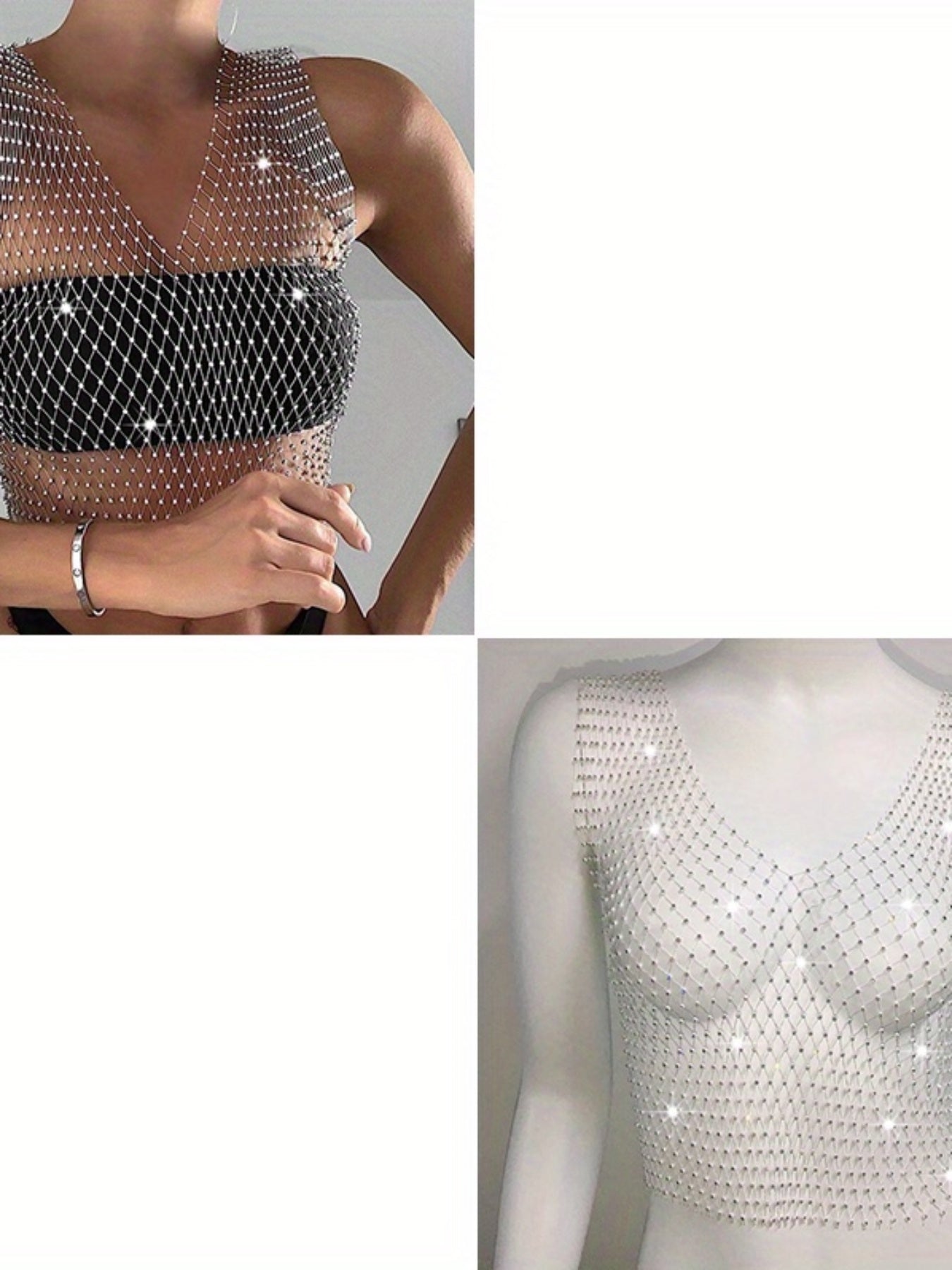 Women’s Rhinestone Fishnet Tank Top - Sleeveless V-Neck, Stretchy & Sheer Glitter Mesh for Party & Clubwear, White, Trendy Outfit | Sparkly Fishnet Design | Stretchy Mesh Fabric