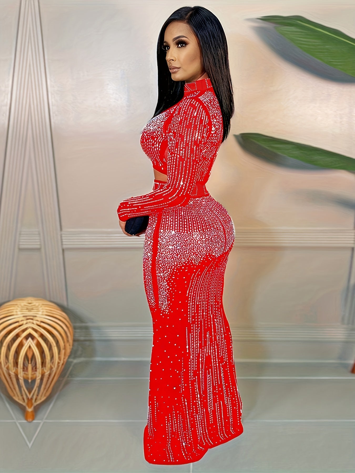 Two-Piece Glamour Set - Rhinestone Embellished Bodycon Crop Top & High Waist Floor Length Skirt - Women's Party Clothing for Special Occasions