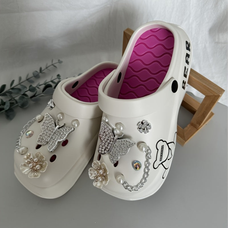 [Women's Cartoon Bear Mules Clogs] Casual Cartoon Bear Pattern Mules & Clogs for Women, Breathable EVA Platform Heel Clogs with Bow Embellishment, Versatile Indoor/Outdoor Fashion Footwear - Quanzhou Manufactured