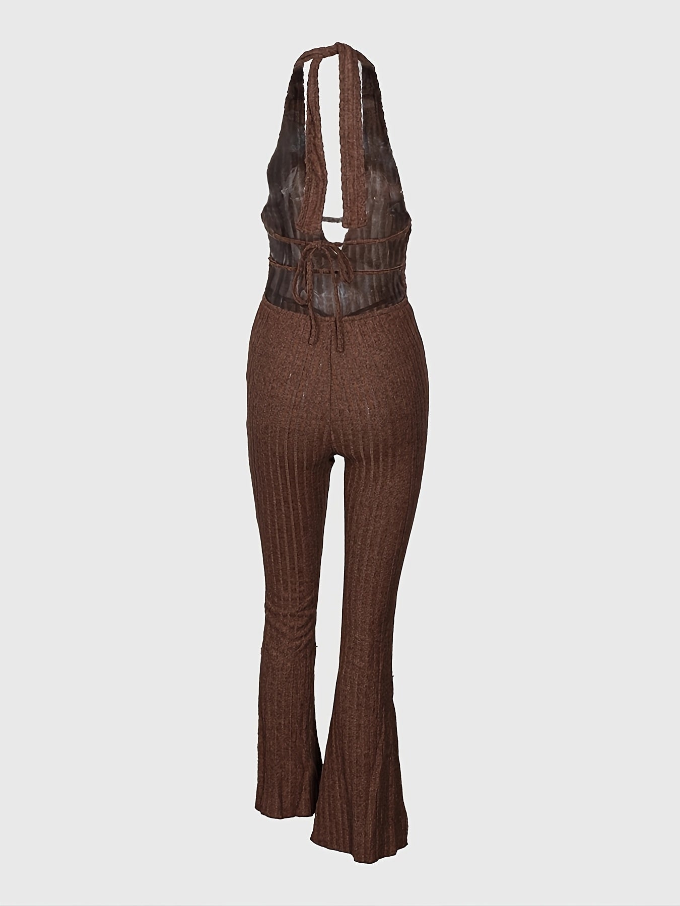 Women'S Sexy Halter Neck Jumpsuit - Solid Color Knit Fabric Unitard with Slim Tie Detail, Polyester 95% Elastane 5%, Flared Leg Design for All Seasons