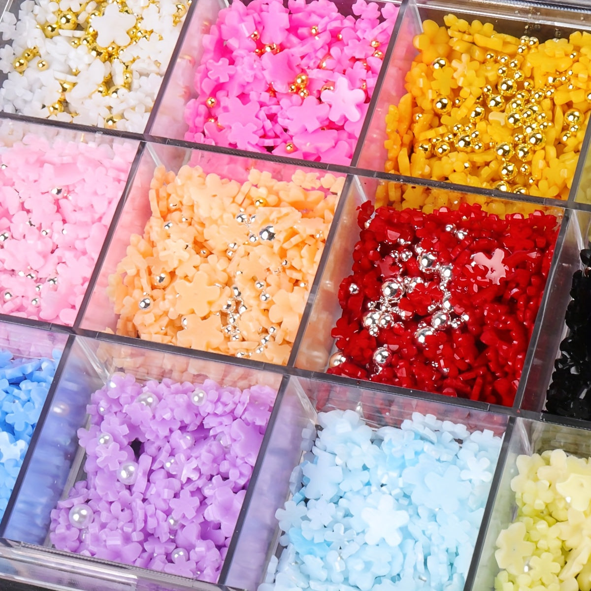 1500pcs Y2K Style Nail Art Charm Set, Featuring 3D Resin Flowers, Golden And Silvery Caviar Beads, Pearls, Hypoallergenic, Unscented, for DIY Finger Trimming And Nail Design Decoration.