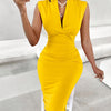 Women's Sleeveless V-Neck Bodycon Dress - Stretchy Polyester-Spandex Blend, Solid Color Yellow, Machine Washable, All-Season Casual & Formal Wear