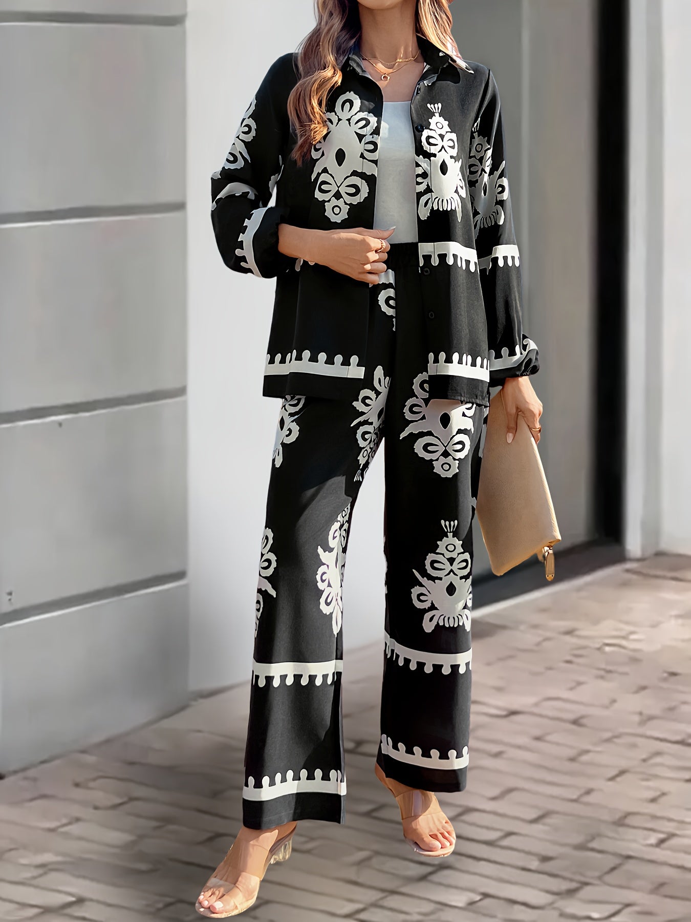2pcs Elegant Special Set for Women with Random Print Front Button Long Sleeve Top and Pants Casual Suit