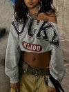 Trendy American Street Style Off-the-Shoulder Crop Top with Bold Letter Print - Long Sleeve, Light Grey, Machine Washable, Perfect for Spring, Summer, and Fall, Casual Streetwear | Crop Top Style | Soft Fabric Top