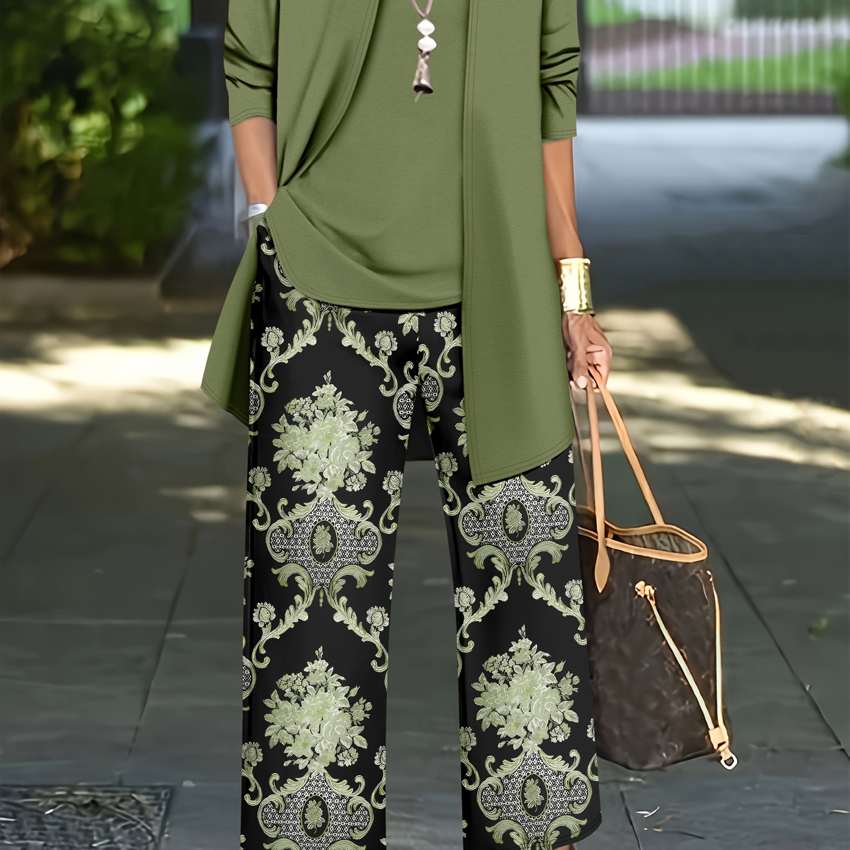 Women'S Elegant Plus Size Solid Color Cardigan and Tank Top Set with Paisley Print Pants - Stylish Three-Piece Outfit for Casual Attire, Casual Attire|Paisley Print Pants|Stretchy Fabric, Plus Size Clothing