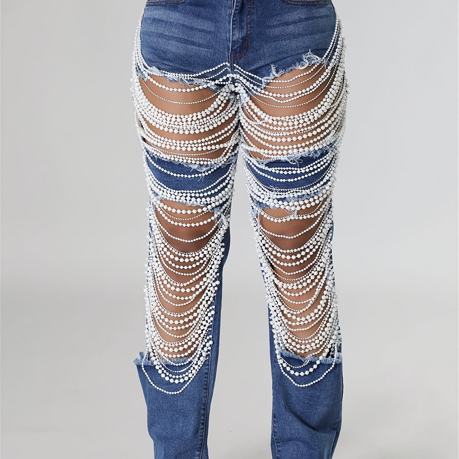Straight Leg Jeans For Women Mid-Rise Distressed Ripped Hole Pearl Chain Denim Pants