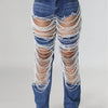 Straight Leg Jeans For Women Mid-Rise Distressed Ripped Hole Pearl Chain Denim Pants