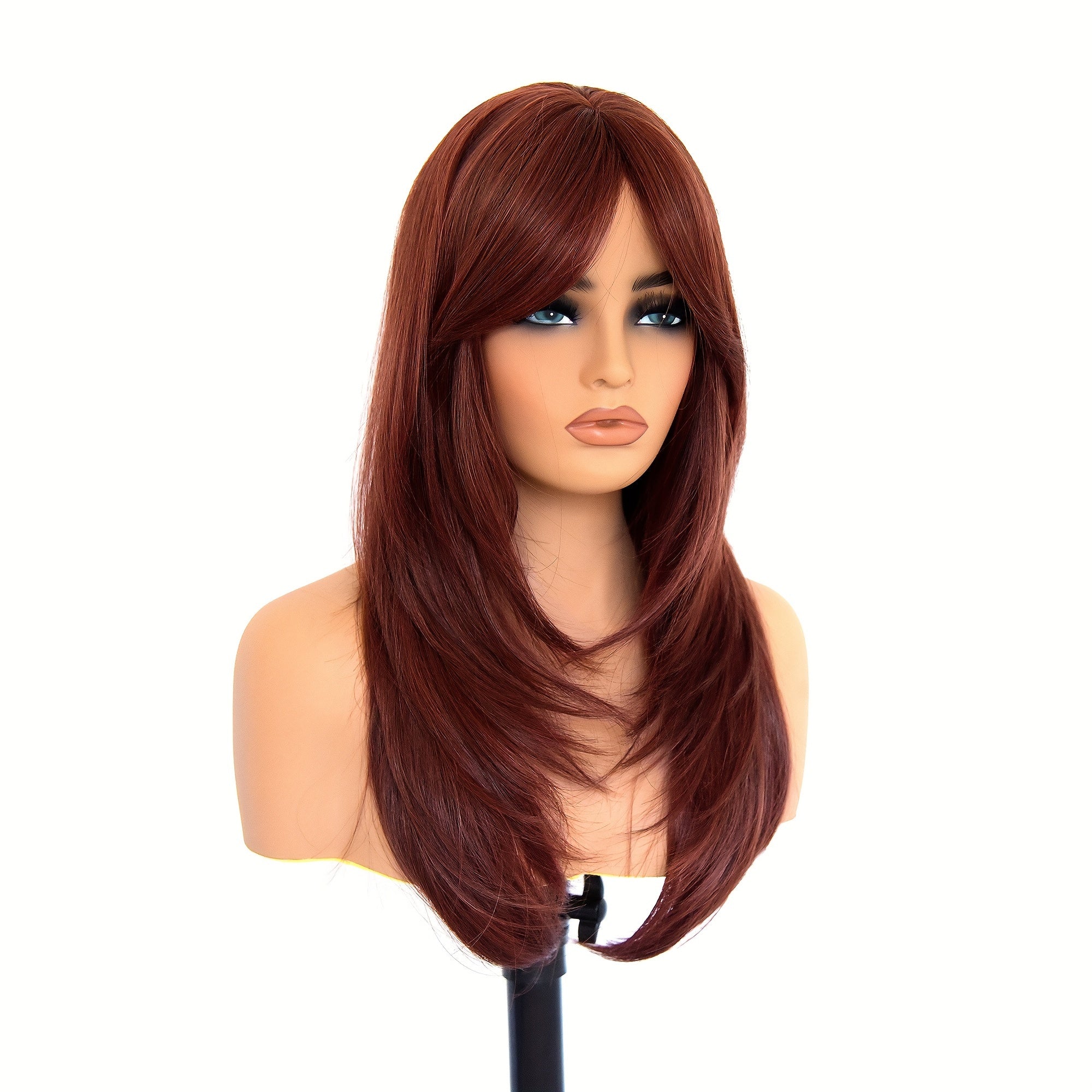 Glueless Synthetic Wigs For Women, Natural Straight Layered Wigs With Bangs, Copper Red Wigs, Brown Wigs, 20 Inches Shoulder Length
