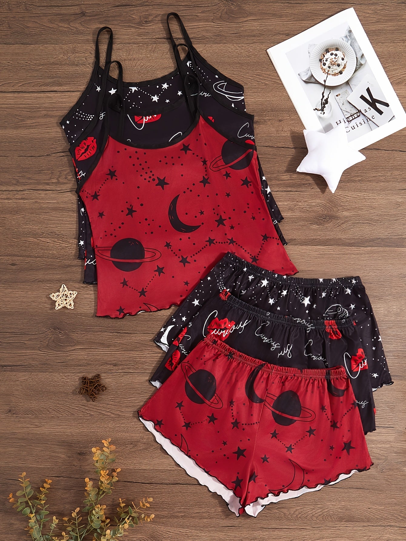 Starry Sky Style - Three-Piece Set of Women'S Sleepwear with Lip Prints