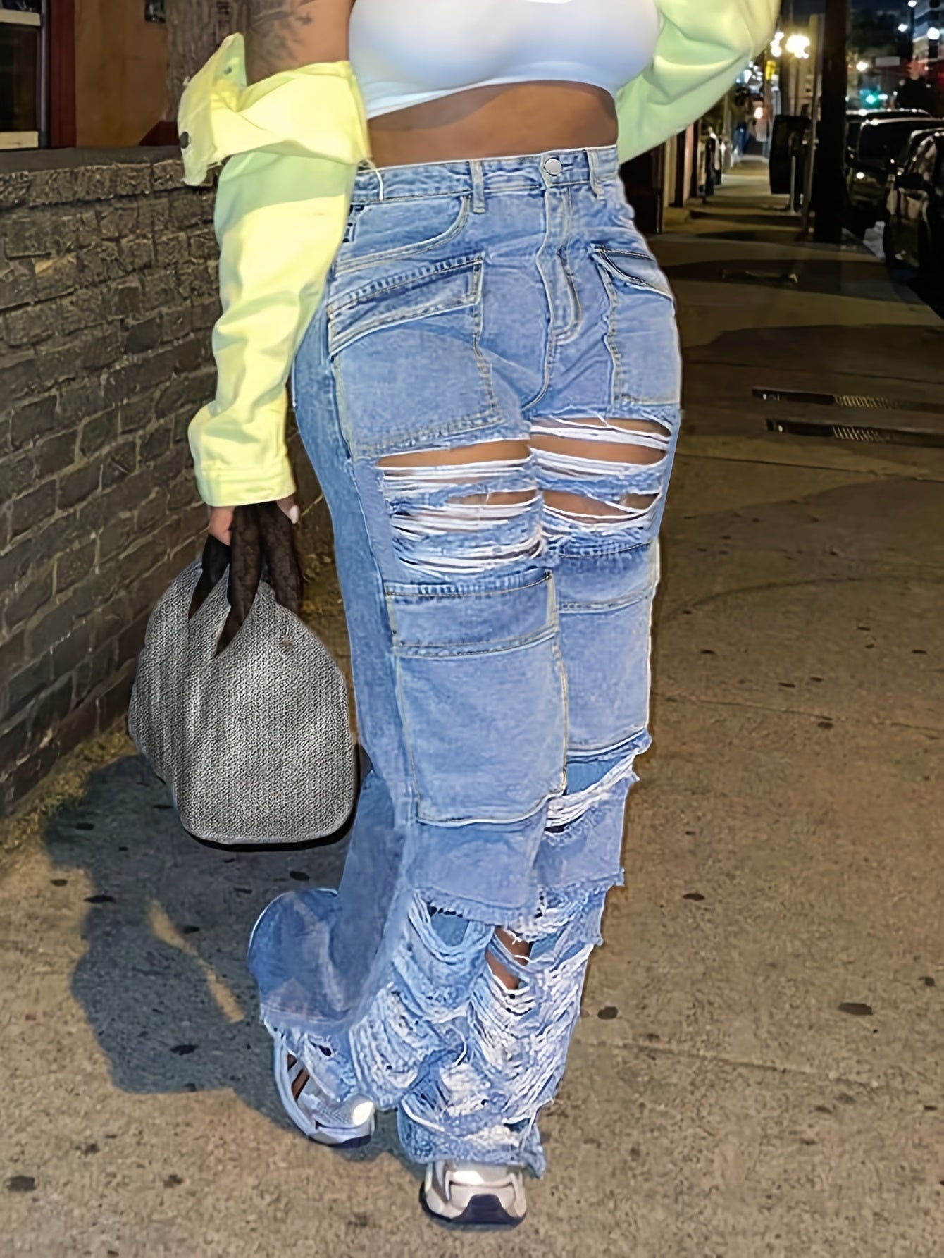Women's Low Waist Straight Leg Jeans - Ripped Details, Light Blue Denim with Slight Stretch, Party & Night Out | Machine Wash, No Dry Clean | Comfortable Fit