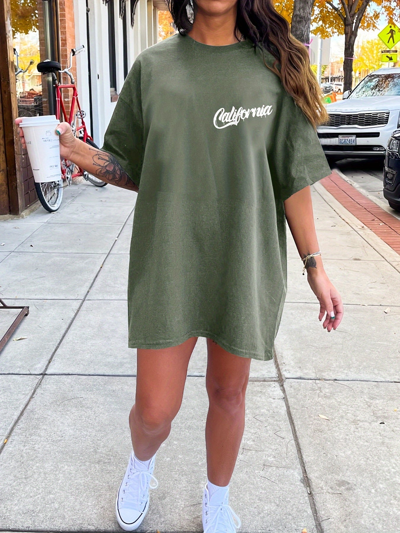 Letter & Coconut Tree Print Crew Neck Tee Dress, Casual Short Sleeve Dress For Spring & Summer, Women's Clothing