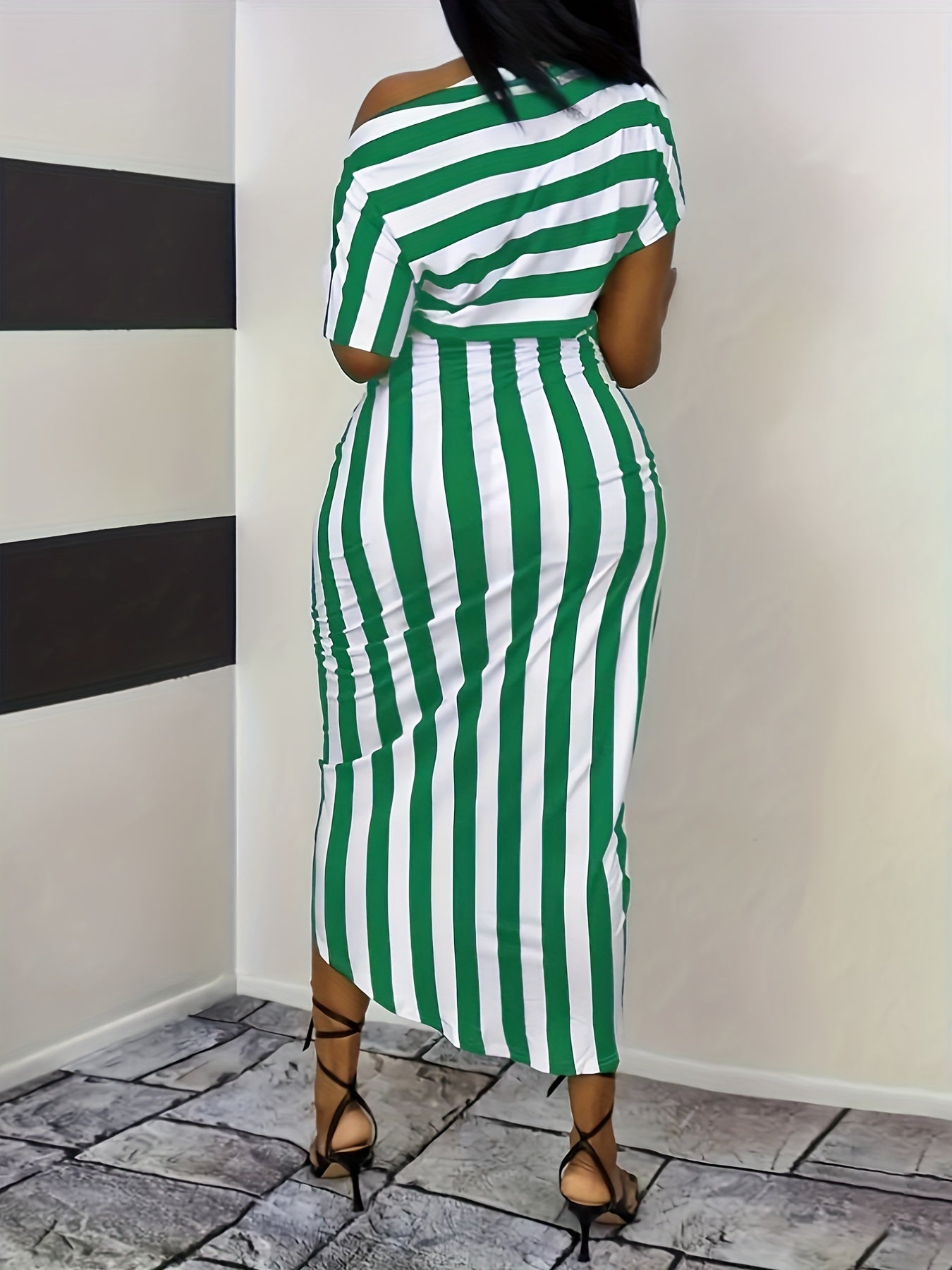 Striped One Shoulder Split Dress - Sexy Short Sleeve Dress For Summer - Women's Clothing - For Women - Perfect for Parties & Beach Vacations - Ideal Gift for Her