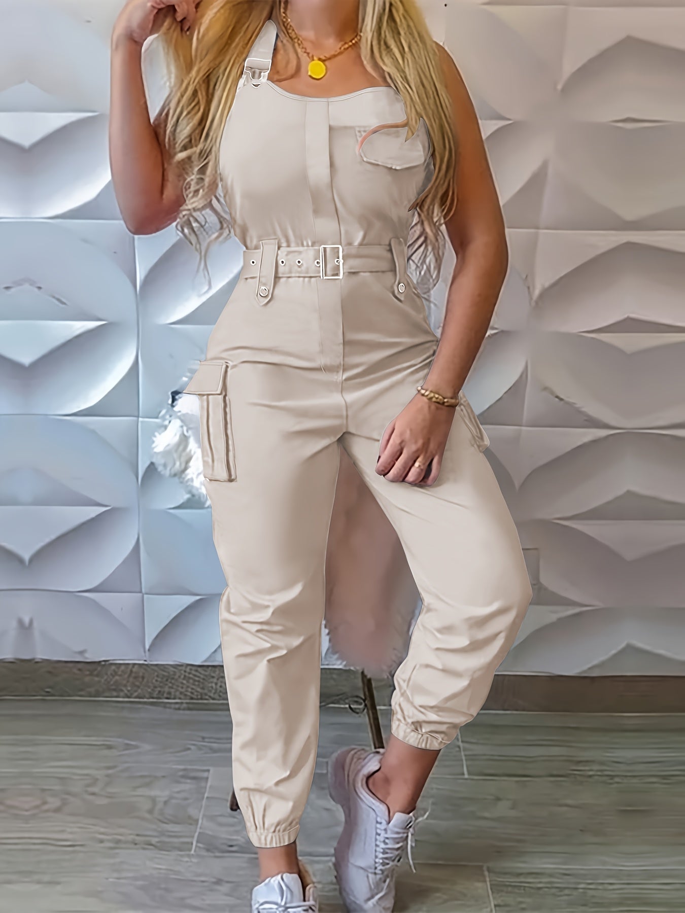 Solid Flap Pocket Cargo Jumpsuit with Belted Detail, Sleeveless Women's Casual Jumpsuit