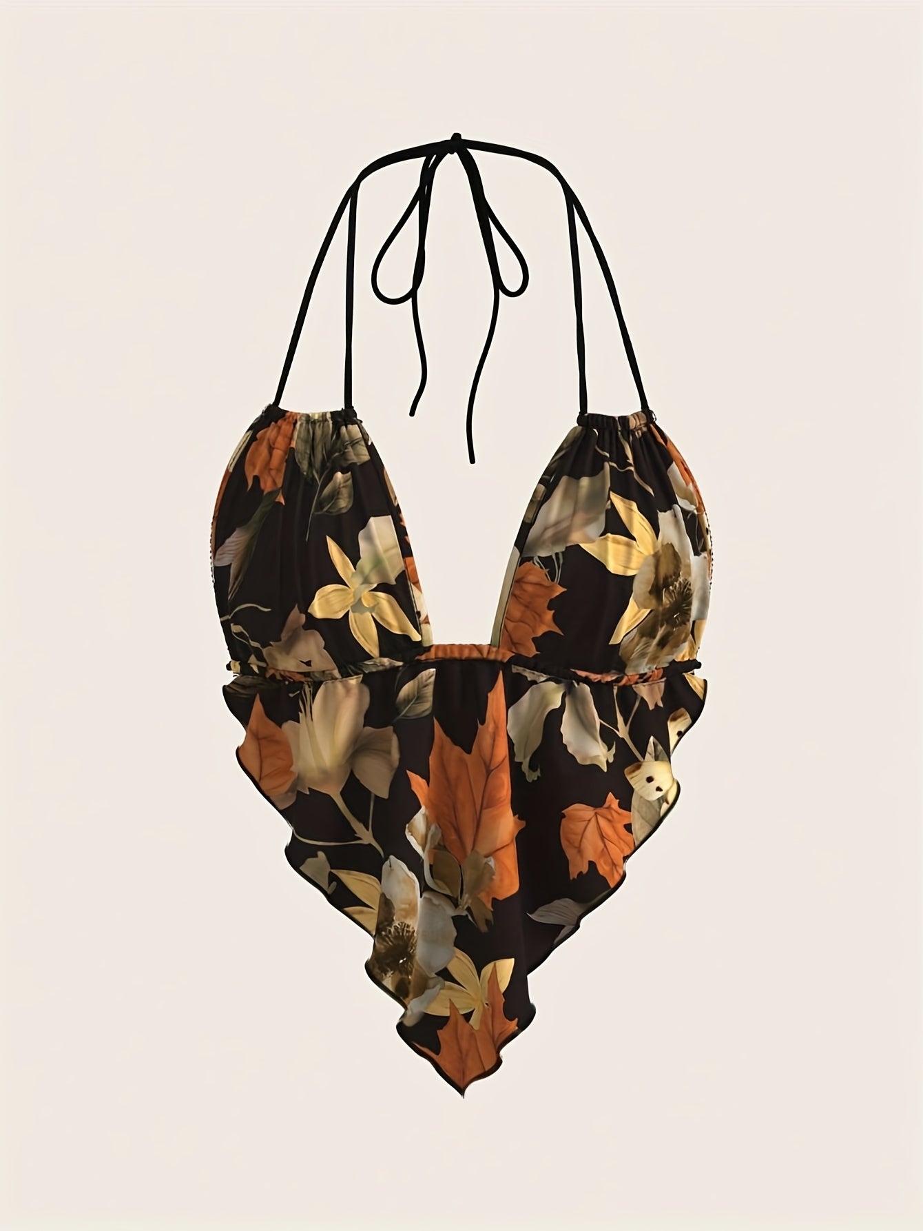 Hawaiian style random printed maple leaf backless halter top, daily casual summer wear halter top, sleeveless V-neck, irregular printed halter top, slim fit, thin shoulder strap, backless design suitable for summer casual wea