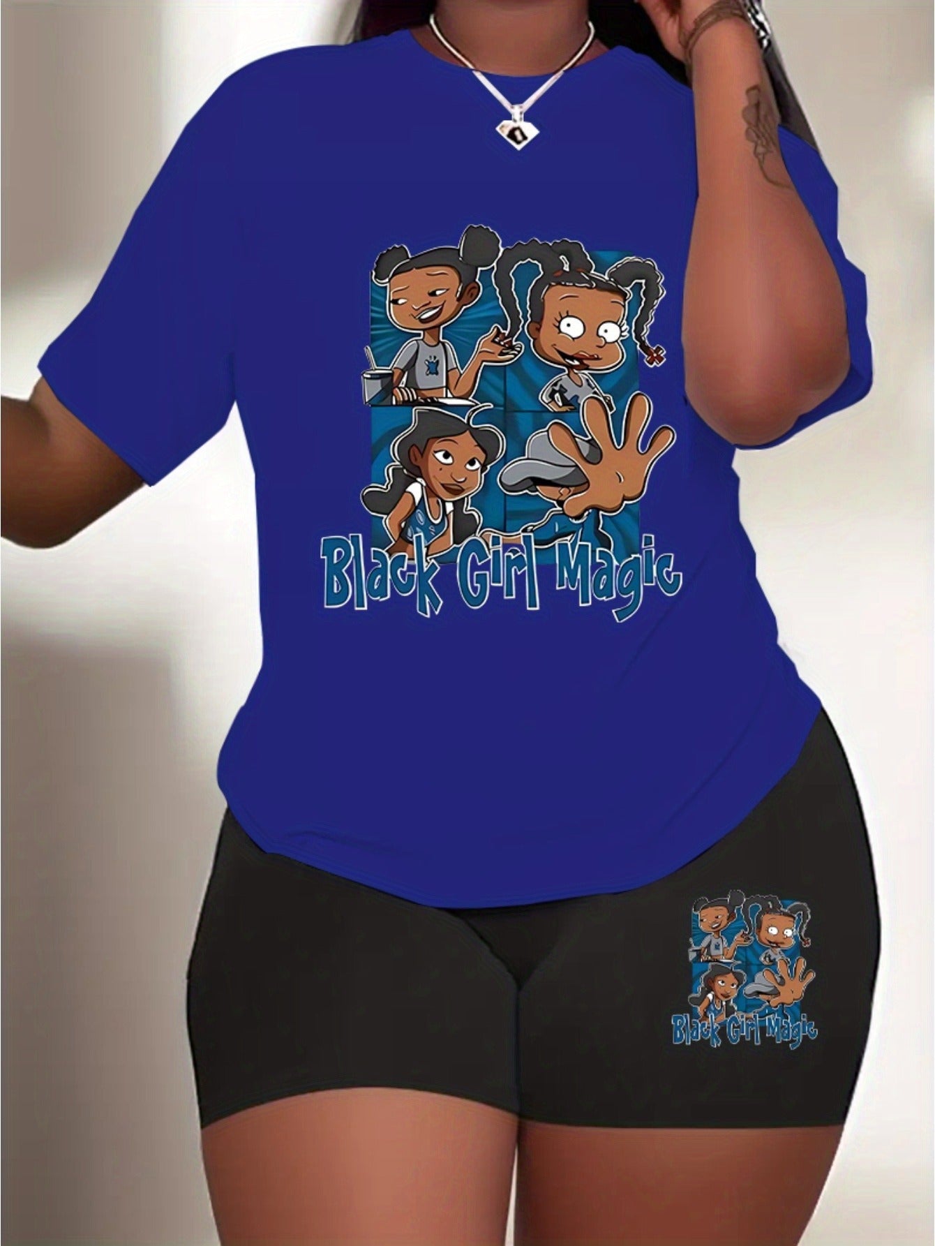 Women's casual cartoon print, polyester knit T-shirt and shorts leggings set, crewneck short sleeves, regular fit, all seasons