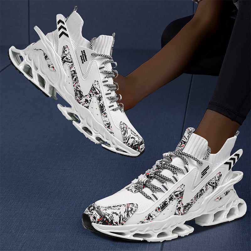 [White Breathable Mesh Sneakers] Stylish White Breathable Knit Mesh Sneakers - Women's Fashion Athletic Running Shoes with Non-Slip Blade Sole, Comfortable Lace-Up Mid-Top for Tennis & Casual Wear