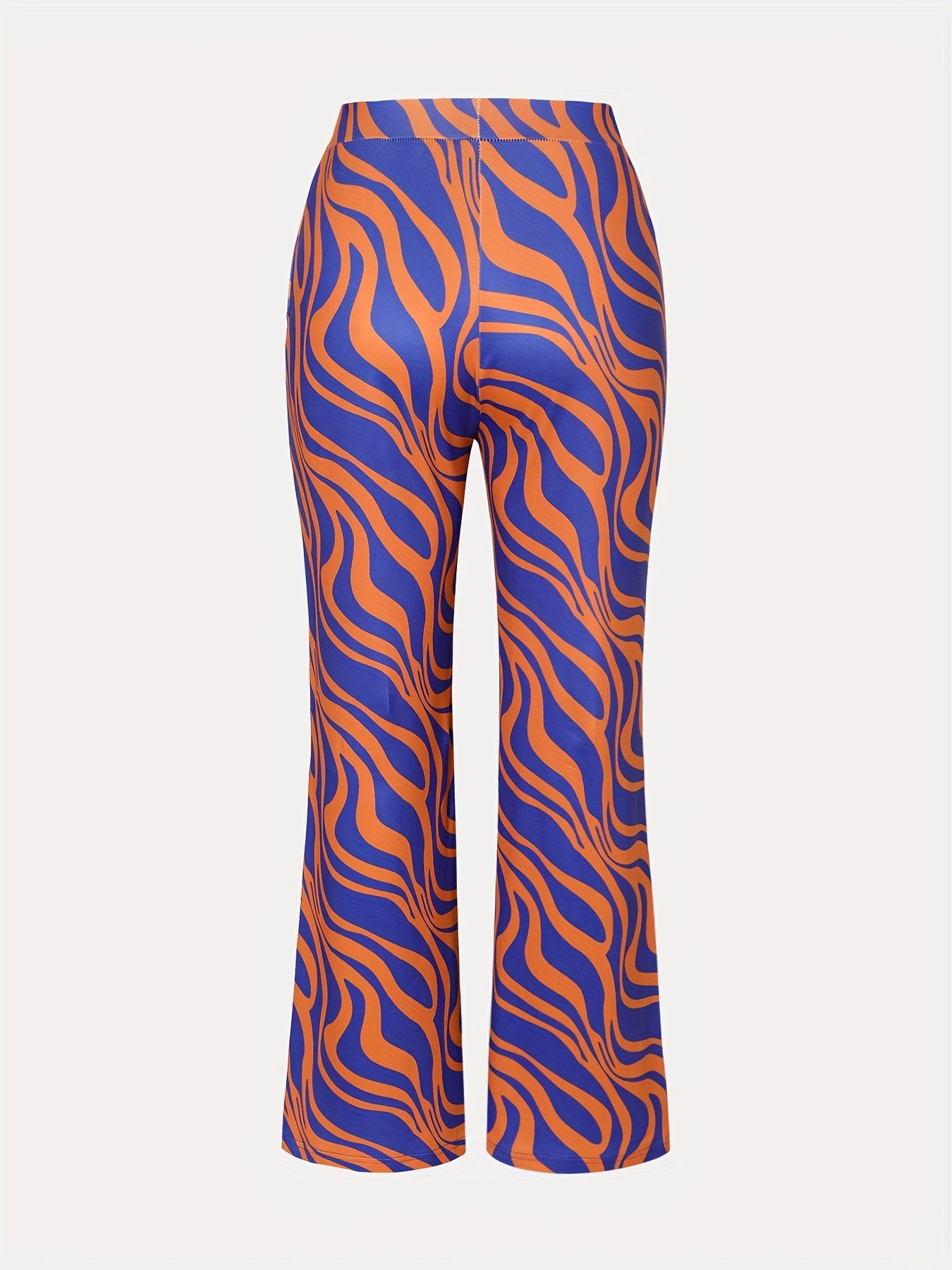 Women'S High-Waisted Flared Pants with Vibrant Orange and Blue Wavy Print, Stretchy Polyester Fabric, Perfect for Spring/Summer/Fall, Casual to Semi-Formal Attire
