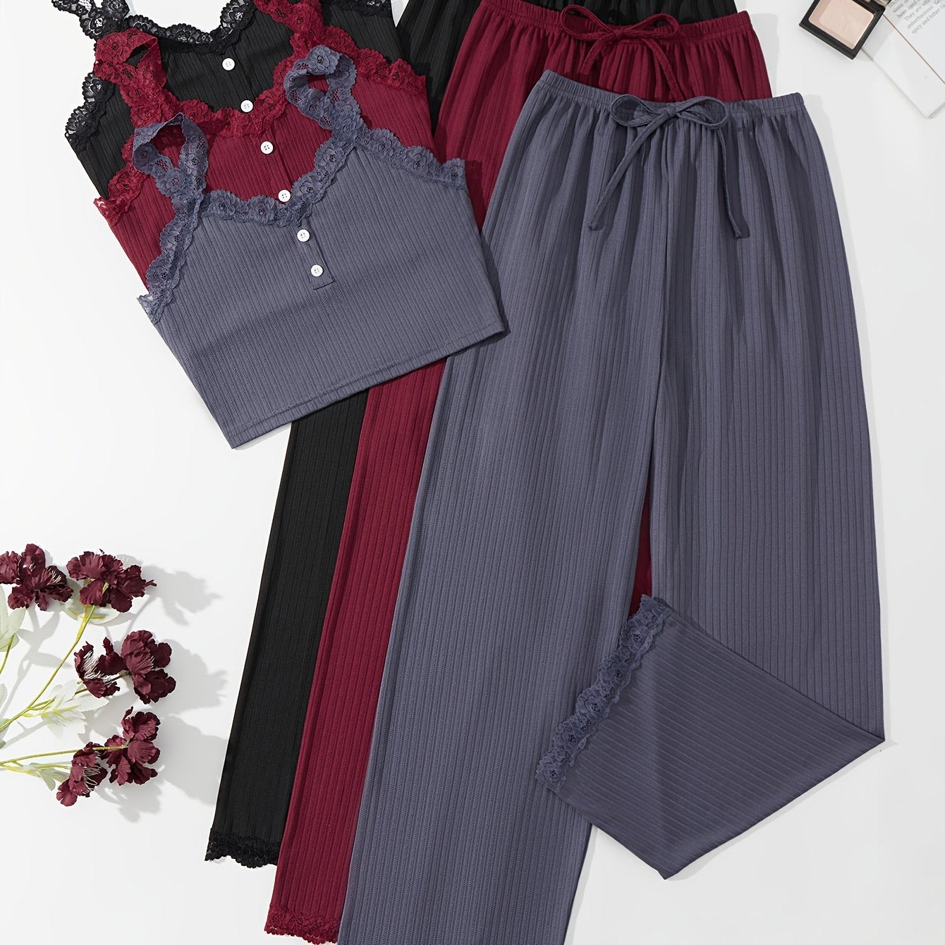 3 Sets Lace Trim Lounge Set, V Neck Cami Top & Elastic Waistband Pants, Women's Loungewear & Sleepwear
