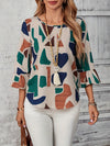 Women's Elegant Geometric Print Blouse - Crew Neck, 3/4 Sleeve, Lightweight Polyester, Spring/Summer Casual Wear, Abstract Design in Green, Blue, Brown, Beige & White, Autumn Fashion Top | Crew Neck Top | Fashionforward Top,