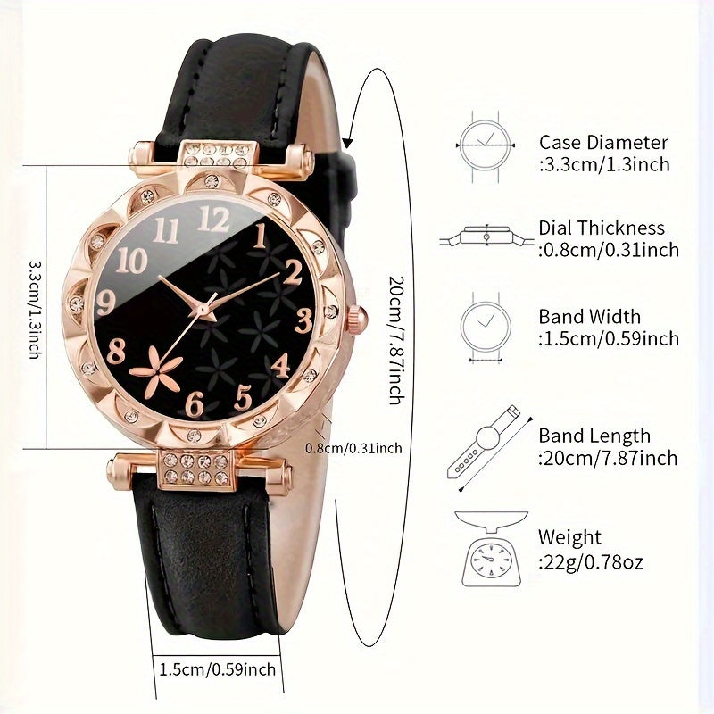 6pcs/set Wome nens wath Csal Rower Quatz Wath Aalcogu L eather tW wacn & Bralese Git for MomHer