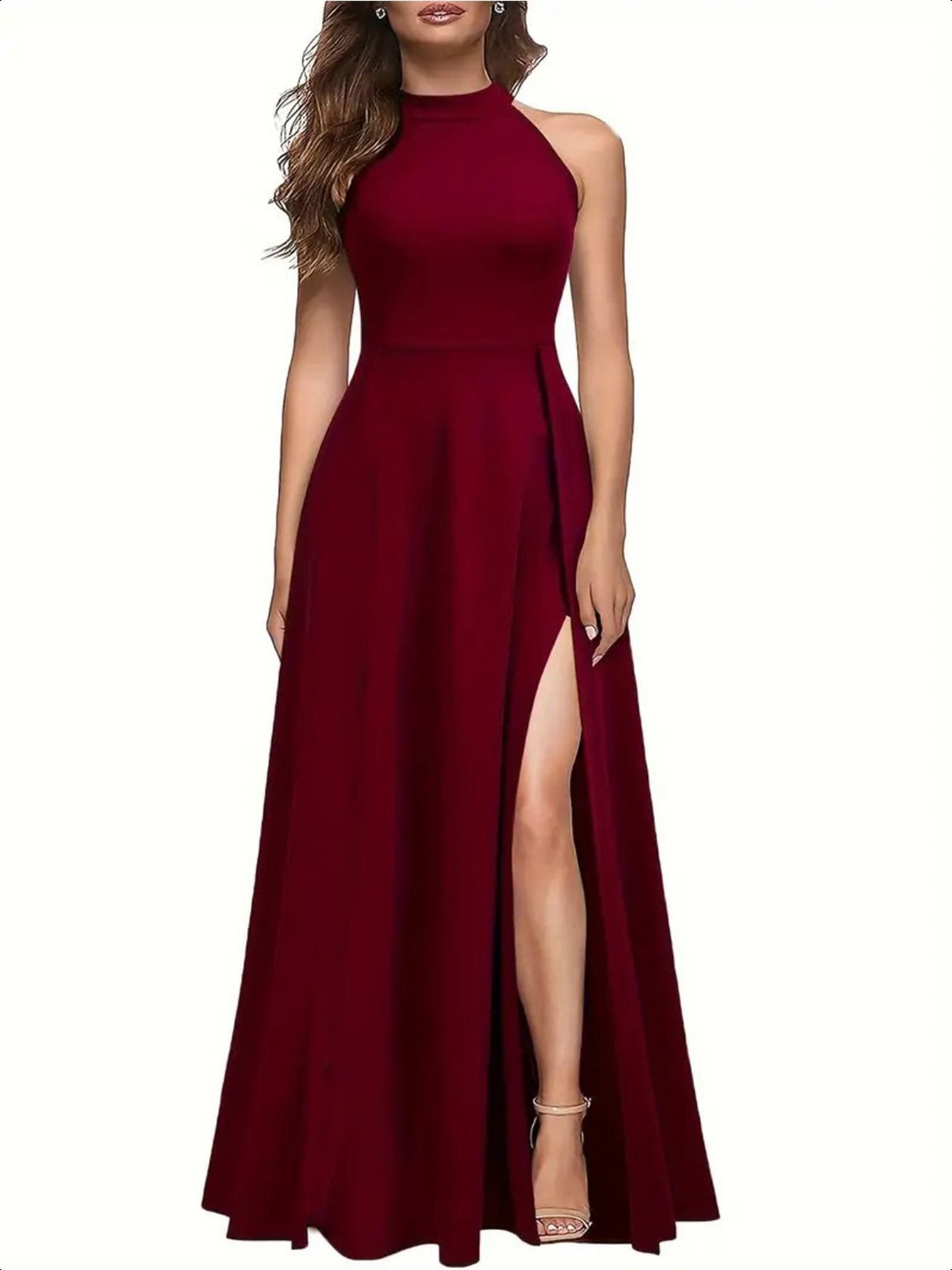 Long formal dress, slit thigh high waist long dress, elegant sleeveless round neck dress, suitable for parties and banquets