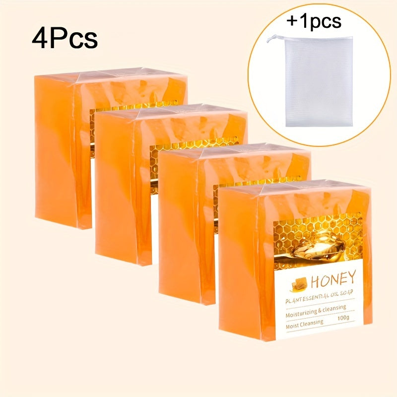 4pcs*100g Honey Essential Oil Handmade Soap Deep Cleaning and Moisturizing, Rich Foam, Suitable for Men and Women, Free Foam Net