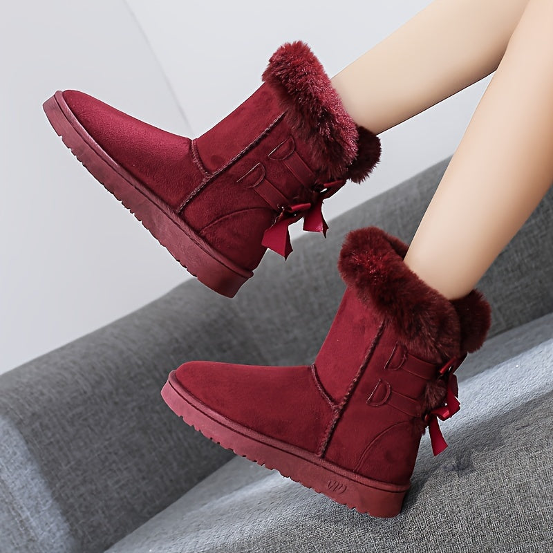 Women'S Mid-Calf Snow Boots with Faux Fur Trim, Round Toe, Non-Slip PVC Sole, Thick Warm Flannel Lined, Solid Color Winter Footwear