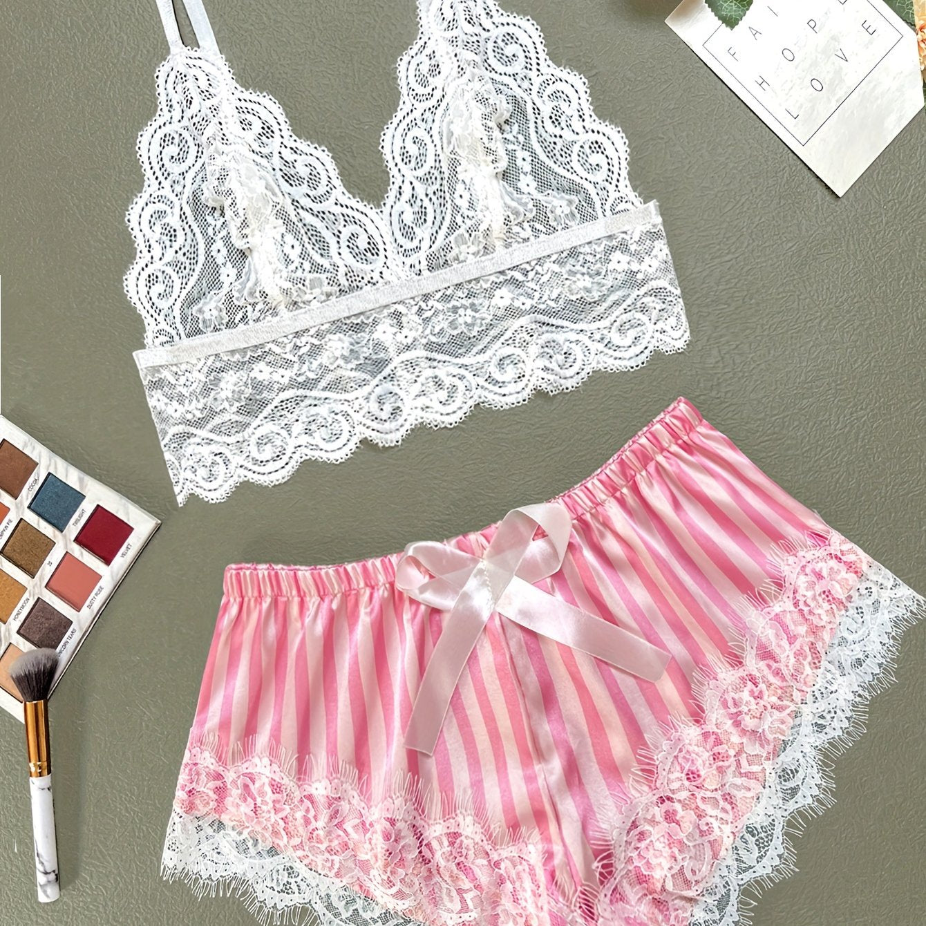 2pcs Women's Elegant Pajama Set - Lace Stitching & Scallop Trim V Neck Cami Top with Striped Shorts, Smooth Polyester Fabric, Semi-Sheer, Summer Sleepwear & Loungewear | Spaghetti Strap Design | Bow Details | Hand Wash Only