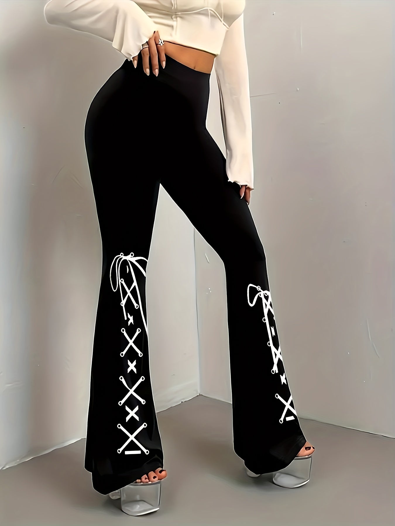 Women's Flared Pants | Black with White Lace-Up Design | Stretchy Polyester-Spandex Blend | Casual All-Season Wear | Machine Washable | Slim Fit Bell Bottoms for Everyday Style, Allseason Trousers | Stylish Casualwear | Comfo