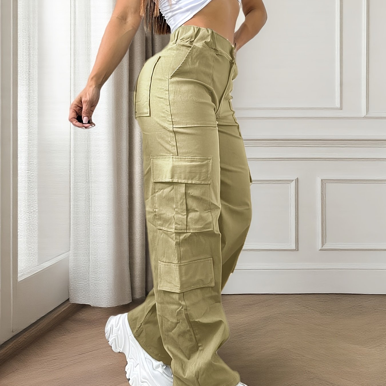 Women's Olive Green Cargo Pants with Multi-Pocket Design - Casual Flap Pockets, High Waist, Wide Leg, Street Style for Casual Attire