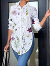 Floral Print Button Up Slim Shirt, Elegant Long Sleeve Curved Hem Shirt For Spring & Fall, Women's Clothing