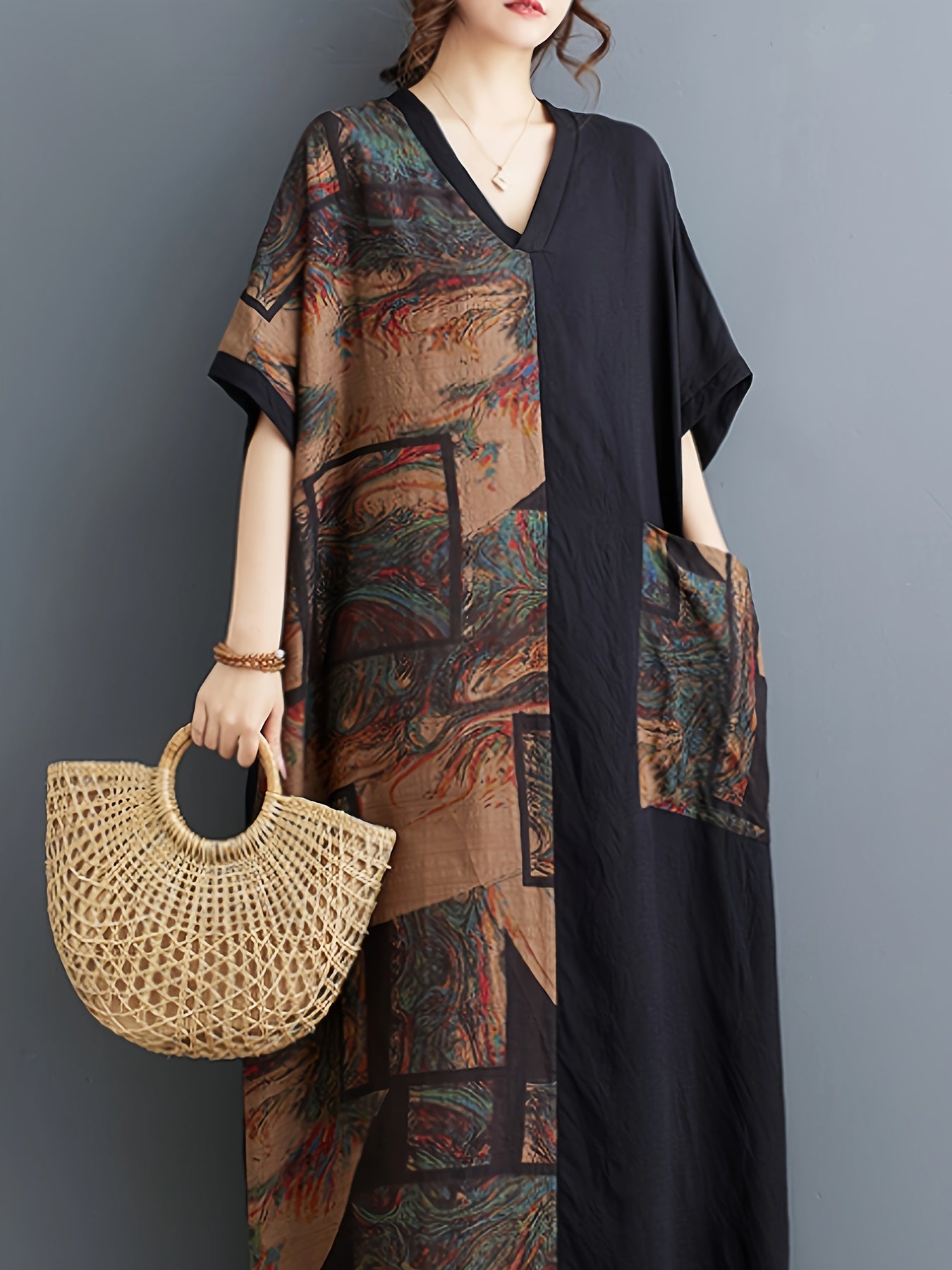 Women'S Casual Viscose Patchwork Dressing Gown, Non-Stretch Woven Fabric, Pocket Details, Spring/Summer/Fall Season, Adult Size
