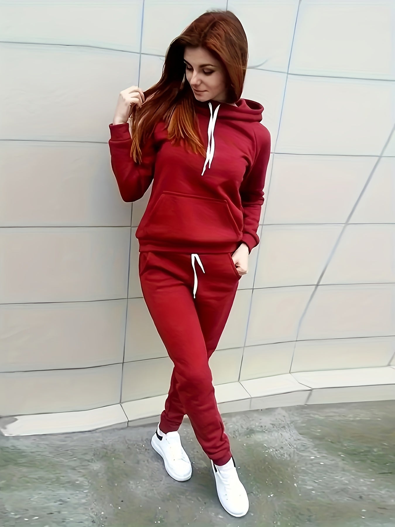Ladies Fashion Casual 2pcs Red Hoodie, Slim-fit Hoodie, Long Sleeves, With Front Pocket And Adjustable Drawstring Pants, Solid Color Casual Spring/Fall Dress, Los Angeles Style, Gift For Girlfriend