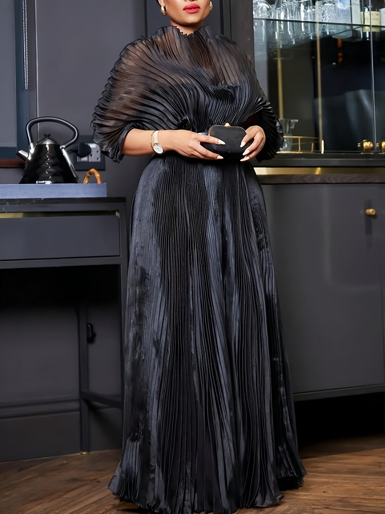 Black Stretchy Maternity Waist Pleated Maxi Dress - Elegant Long Sleeve Mesh Formal Gown with Ruching Detail, Nigerian Wedding Guest Dress for Photoshoots, Birthday Parties & African Events, All-Season Women's Fashion, Formal