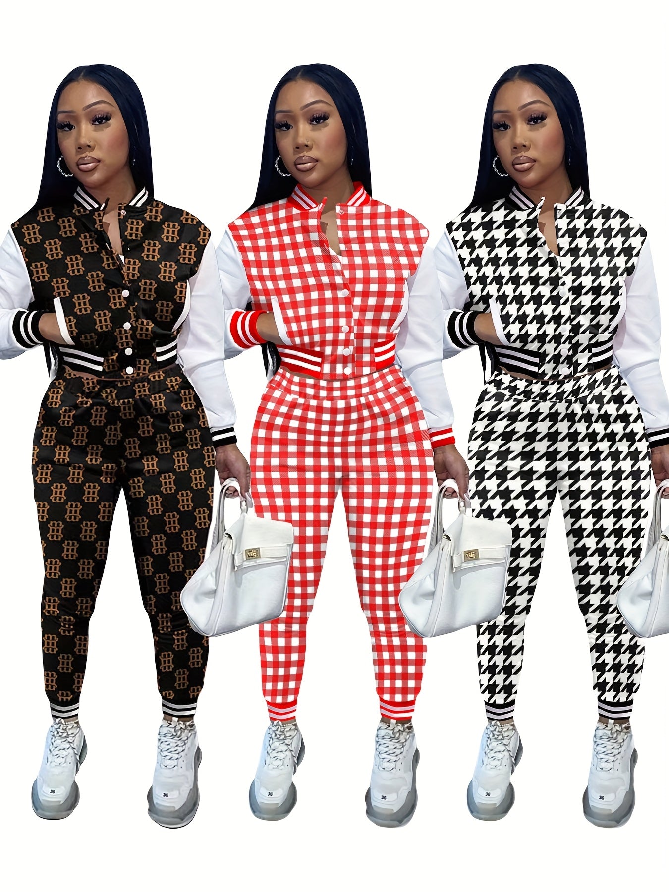 Women's Baseball Suit Sports Suit 2pcs Set Of Sweatshirt And Sports Pants, Splicing Jacket Single-breasted Button Baseball Suit Female Sports Two-piece Set Women's Color Block Full Letter Print Sports Tracksuit Set All-Season