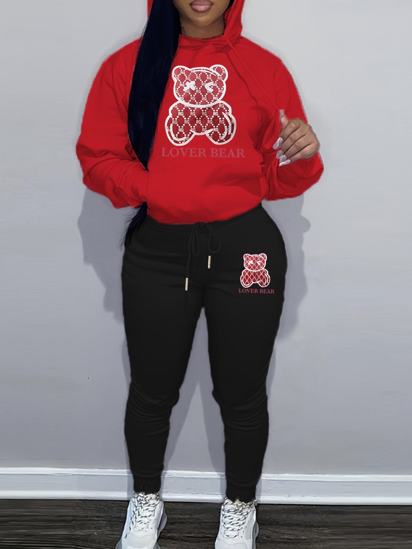 Cartoon Bear Print Two-piece Set, Drawstring Long Sleeve Hoodies & Workout Jogger Pants Outfits, Women's Clothing