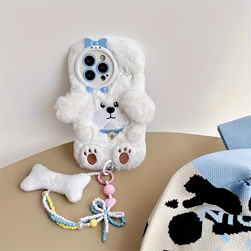Cartoon White Dog Fluffy Mobile Phone Case with Bracelet Suitable for iPhone 16 Pro Max Autumn and Winter Plush Mobile Phone Case