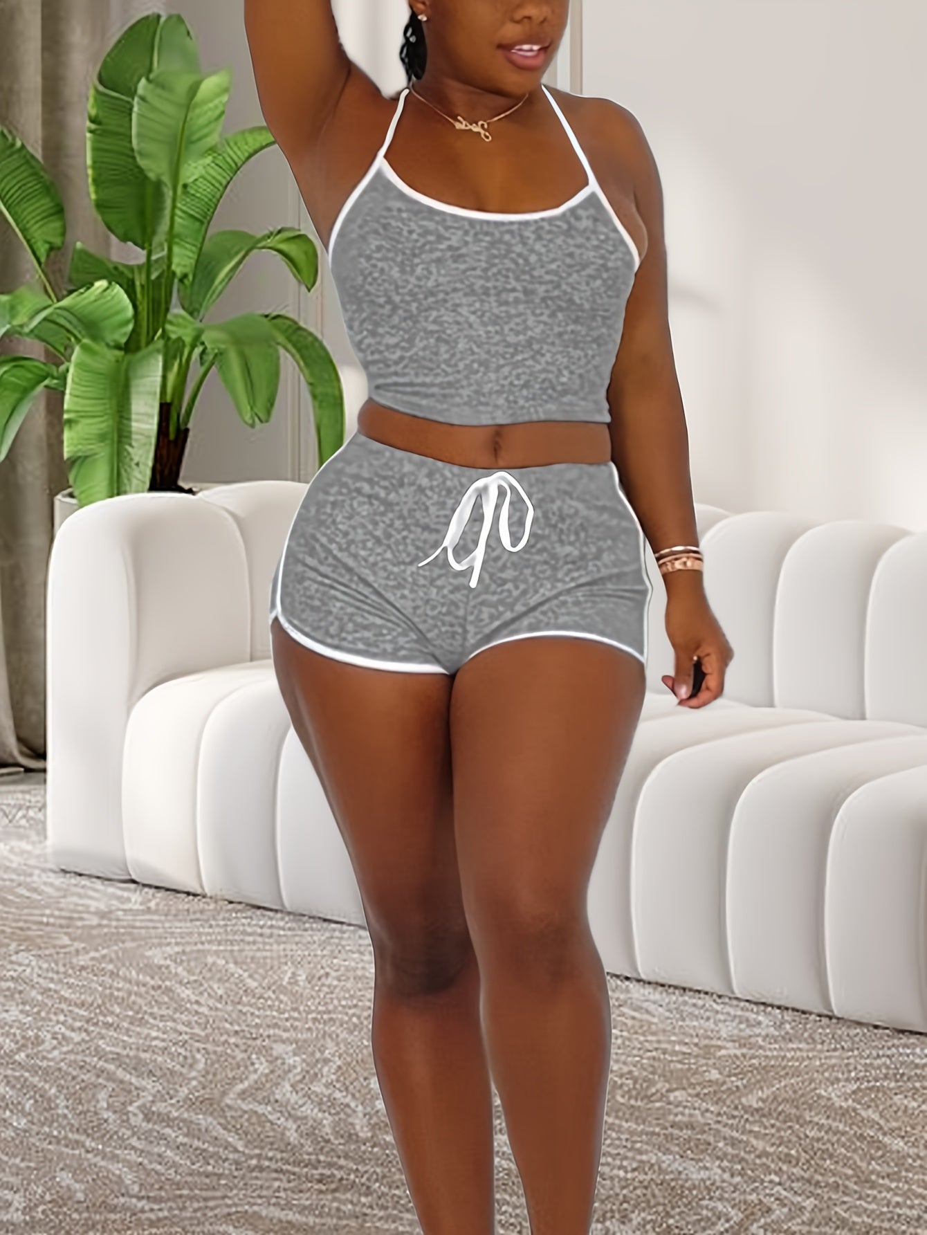 Sexy Solid Binding Lounge Set, Halter Neck Backless Crop Cami Top & Elastic Shorts - Women's Loungewear & Sleepwear - For Women - Perfect for Relaxing at Home - Ideal Gift for Her