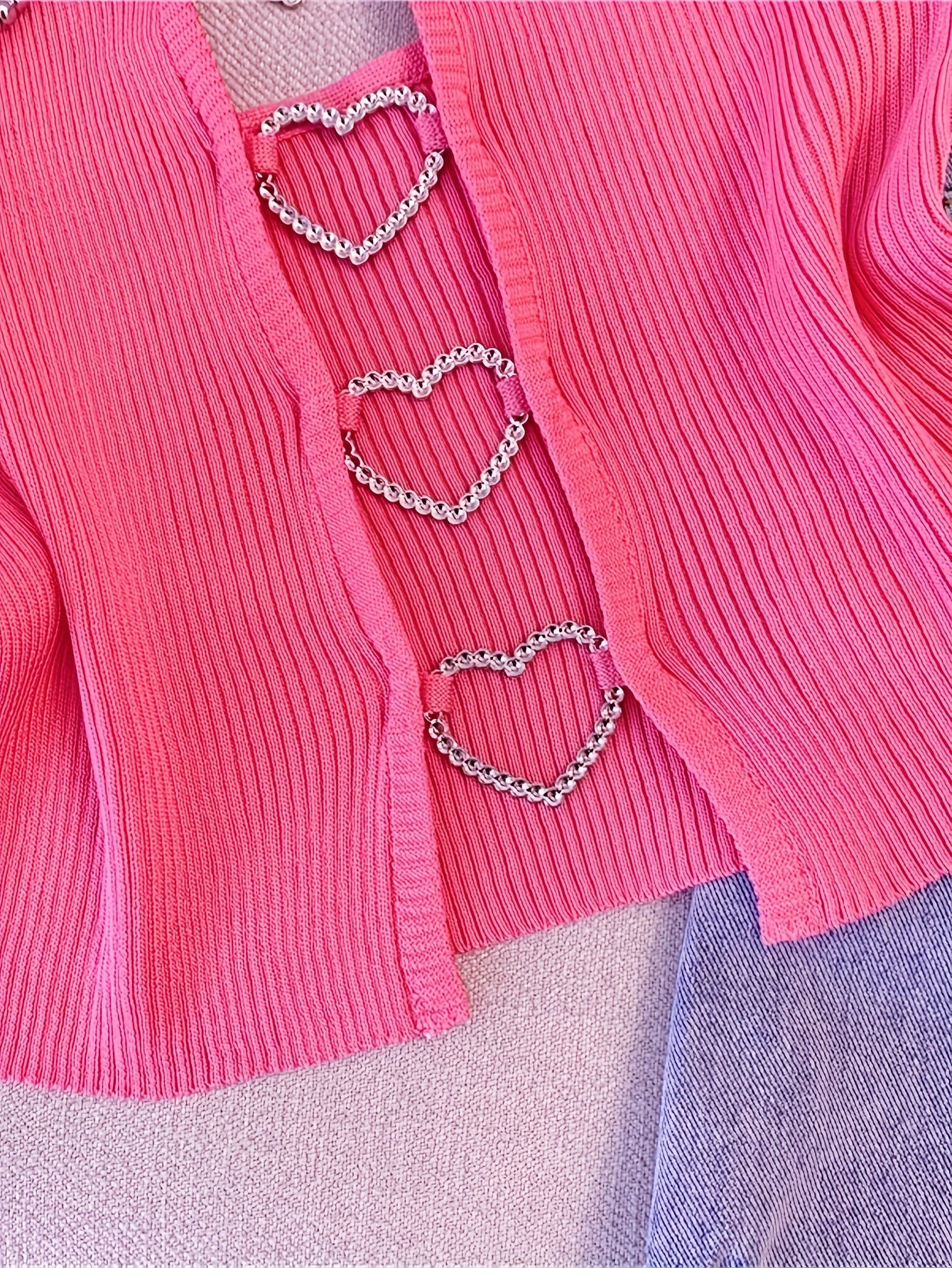 Women's Sexy Sleeveless Ribbed Knit Crop Top with Heart Cutouts & Rhinestone Accents - Vibrant Pink 100% Polyester Summer Casual Top for Spring/Summer Outfits, Ladies Tops And Blouses for Summer