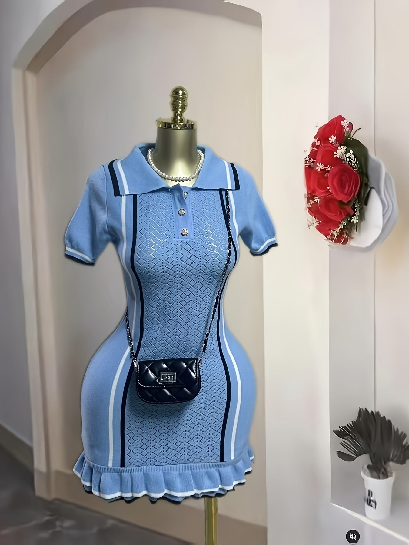 Small Fragrance Wind Knitted Dress Women's New Vintage Collar Color Block Slimming Waist Sweater Skirt Elasticity 80~128 Pounds