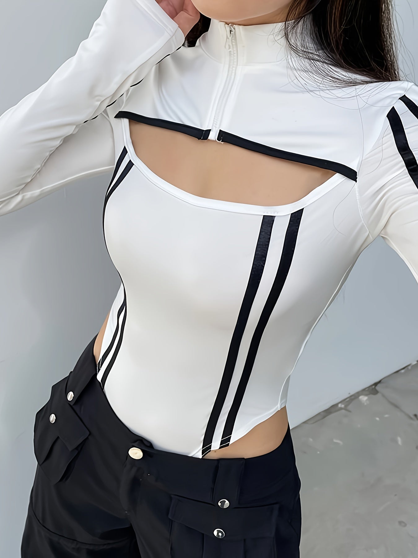 Women'S Long Sleeve Bodycon Top - White with Black Stripes, High Neck, Stand Collar, Zipper Detail, Skinny Fit, Perfect for Casual & Formal Occasions, Versatile Clothing | Stylish Long Sleeve Top | Knit Construction, Long Sle