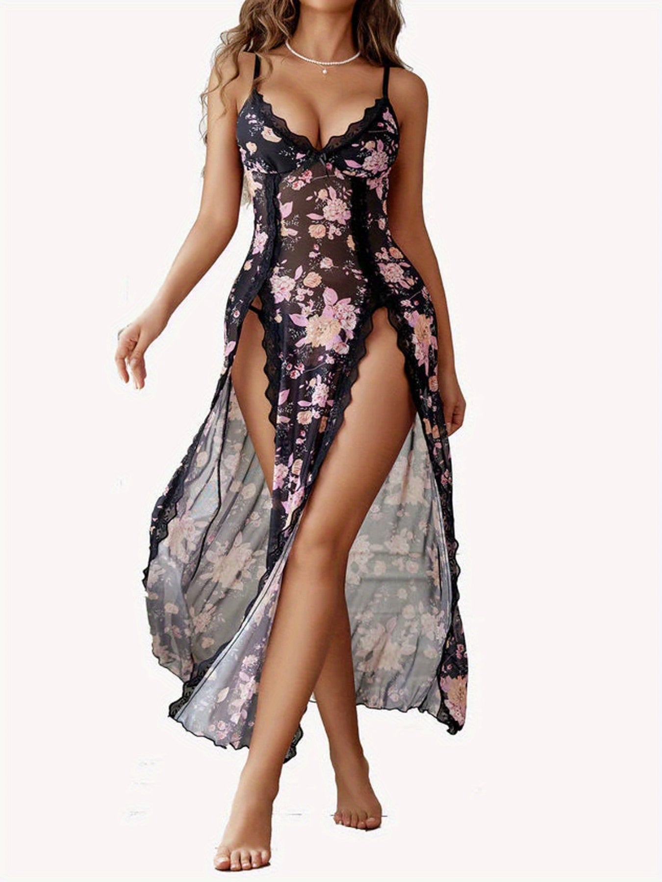 Womens Floral Cami nightgown Slim Lace Trim Deep V Neck Side High Slit Spaghetti Strap Pajama Dress for Bedroom Party
