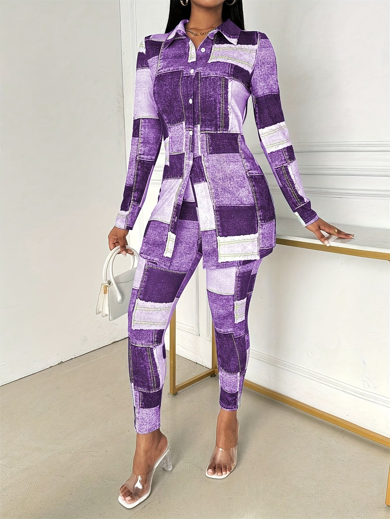 Women'S Plaid Print Button- Collar Long Sleeve Top And Pant Suit, Spring/summer Women'S Wear